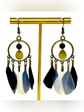 Handmade Dream Catcher Feather Earrings with Obsidian Gemstones